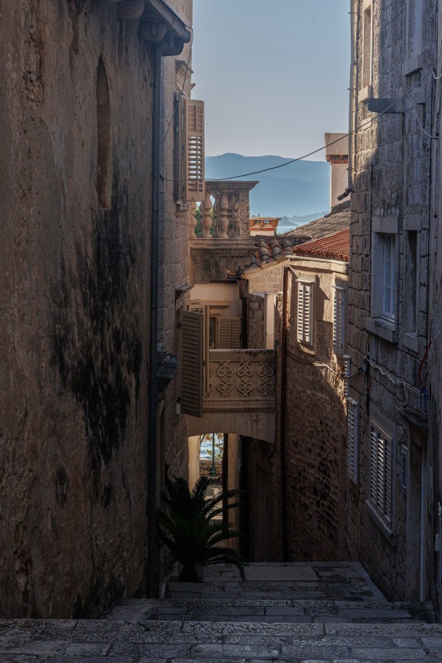 Narrow street in a historical center of Korčula town, Croatia