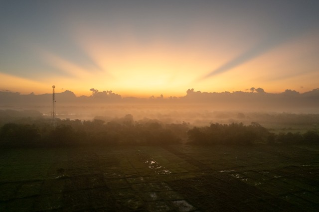 Ilus hetk kas päikesetõusust või -loojangust udusete põllumajanduspõldude kohal Sri Lankal
