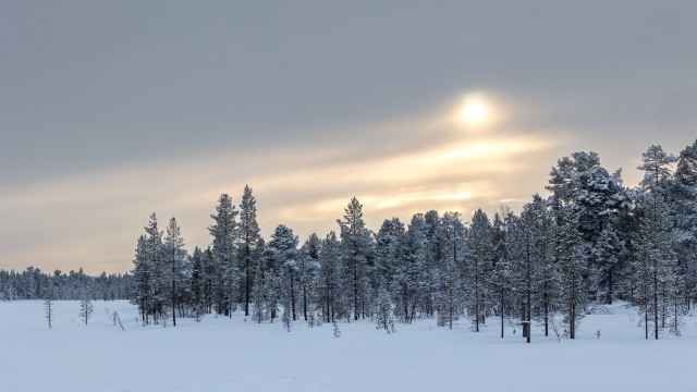Droonivaade lumisele Lapimaa maastikule Soomes